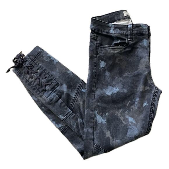H&M LOGG Skinny Jeans Crop Moto Brush Stroke Print Lace Up Women’s 6 Gray Blue - Picture 2 of 9